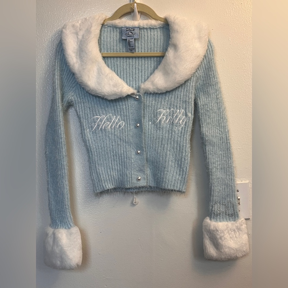 Hello Kitty Light Blue Sweater with White Fur Trim